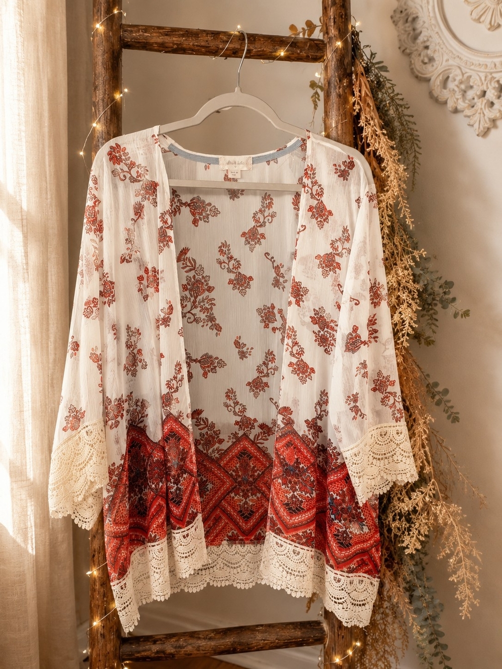 Altar'd State White Camisole Cardigan with Floral & Lace Trim Whimsy Cottage